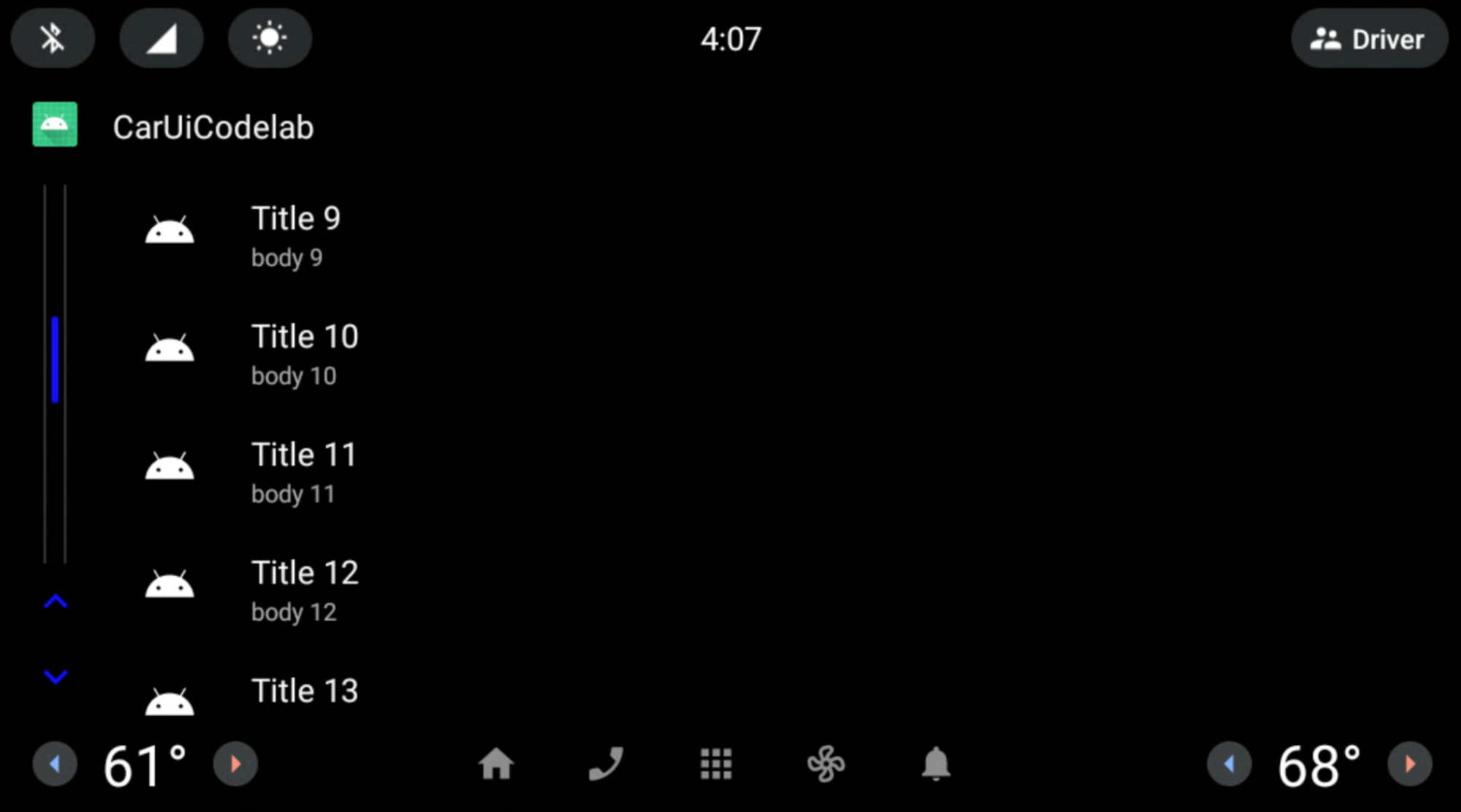 CarUiRecyclerView con una barra de desplazamiento azul con rieles grises