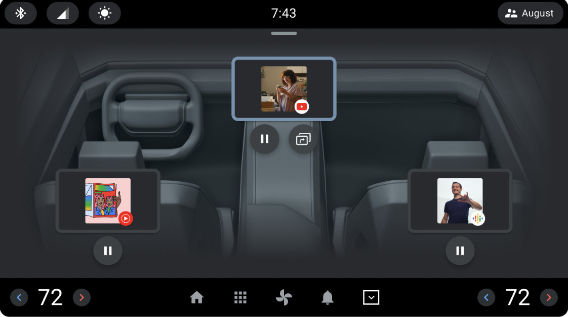 אפליקציית מרכז הבקרה שבה מוצגים כמה אזורים לתצוגה ברכב.