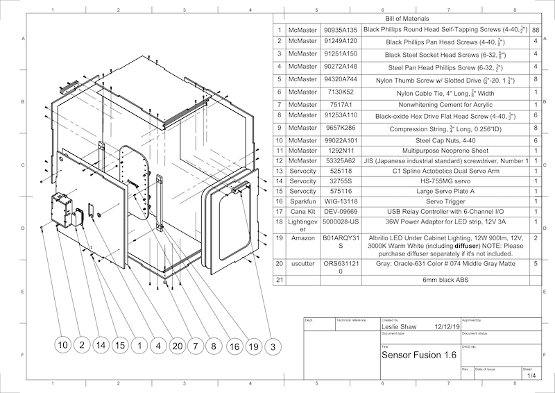 Desenho CAD dos componentes da Caixa de fusão do sensor