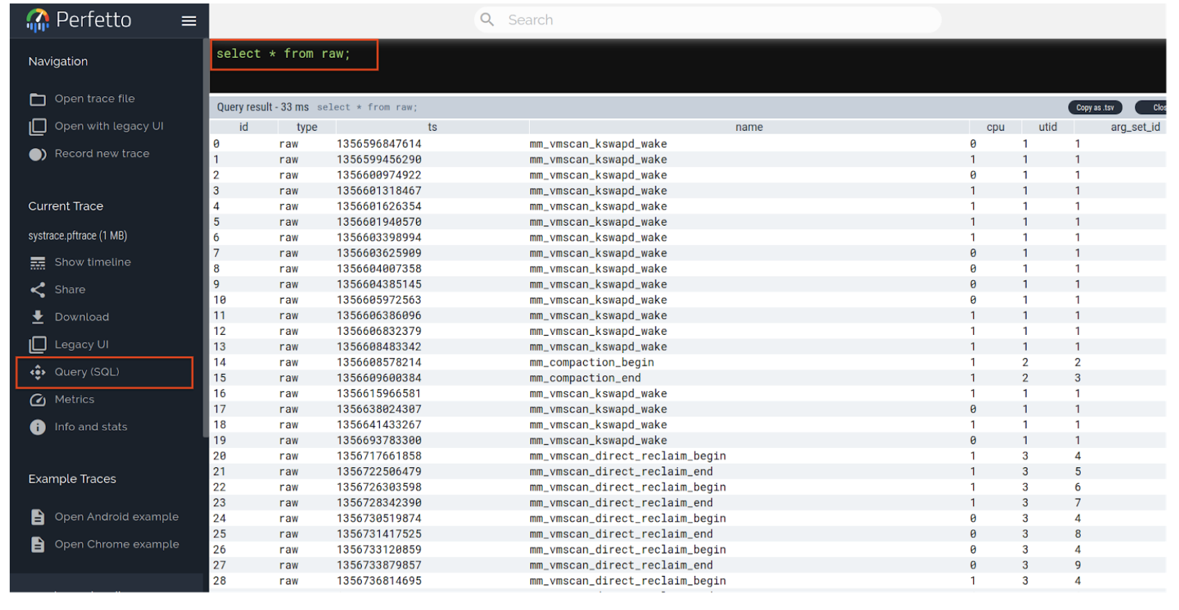 找到「Query SQL」分頁，然後點選即可查看已擷取並繪製的 ftrace 和 mm_events
