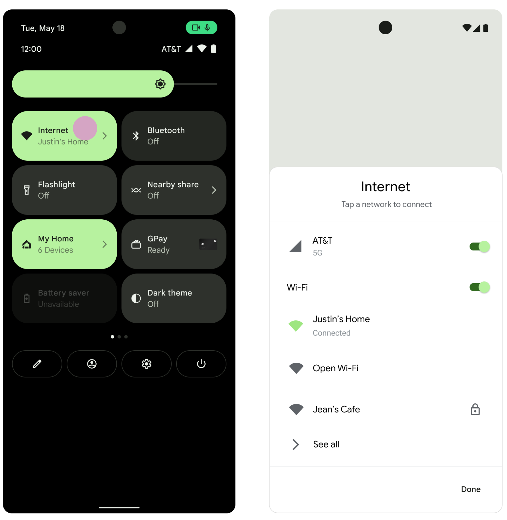 Thẻ Internet trong trình đơn Cài đặt nhanh