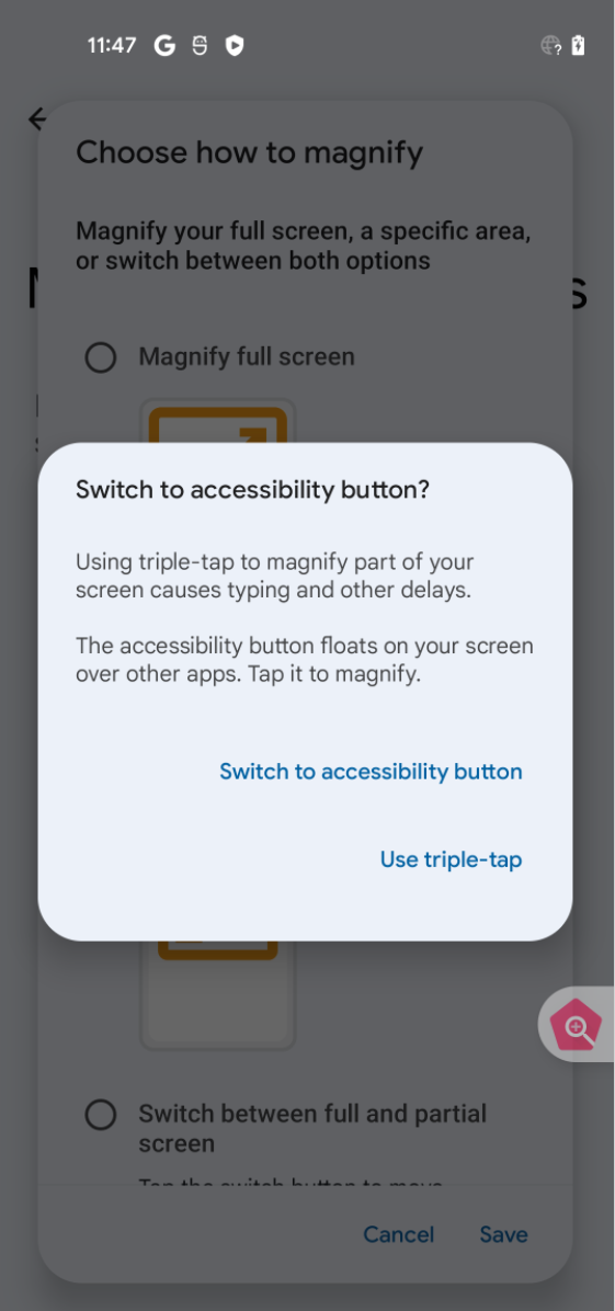 Notification aux utilisateurs indiquant qu&#39;ils disposent d&#39;une option d&#39;accessibilité qu&#39;ils utilisent au lieu d&#39;appuyer trois fois pour activer l&#39;agrandissement partiel