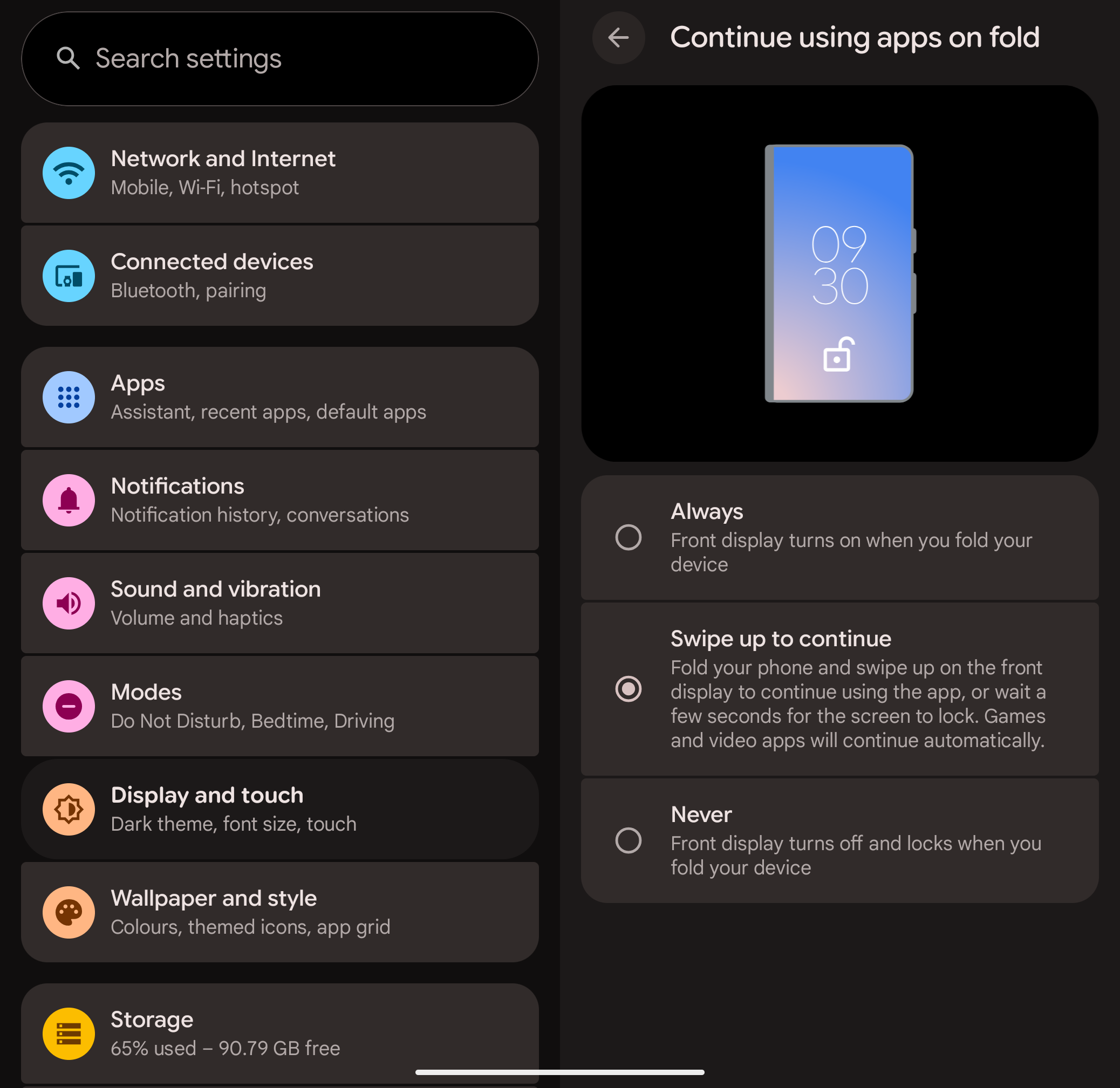 Fold lock behavior setting page