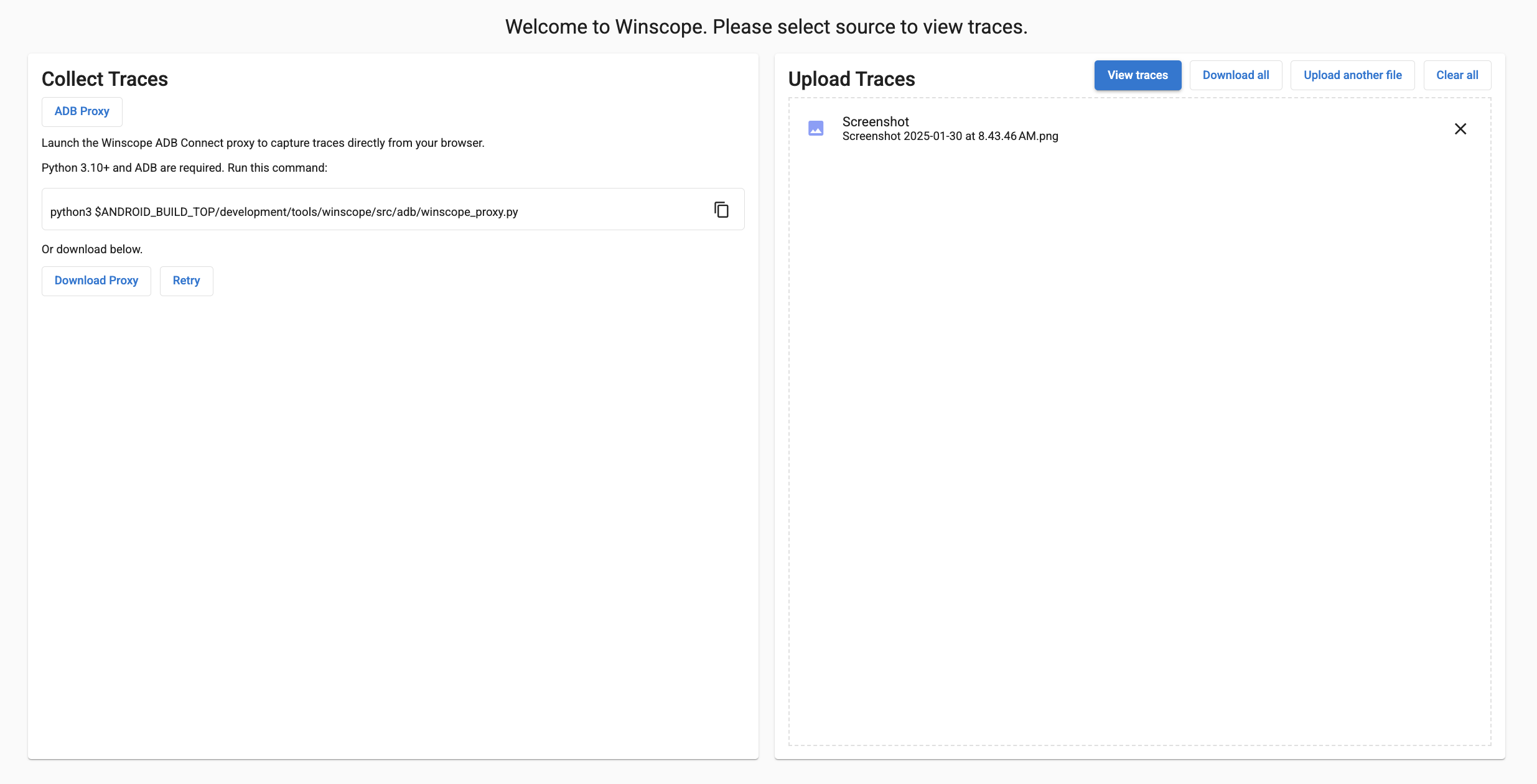 在 Winscope 中上传跟踪记录