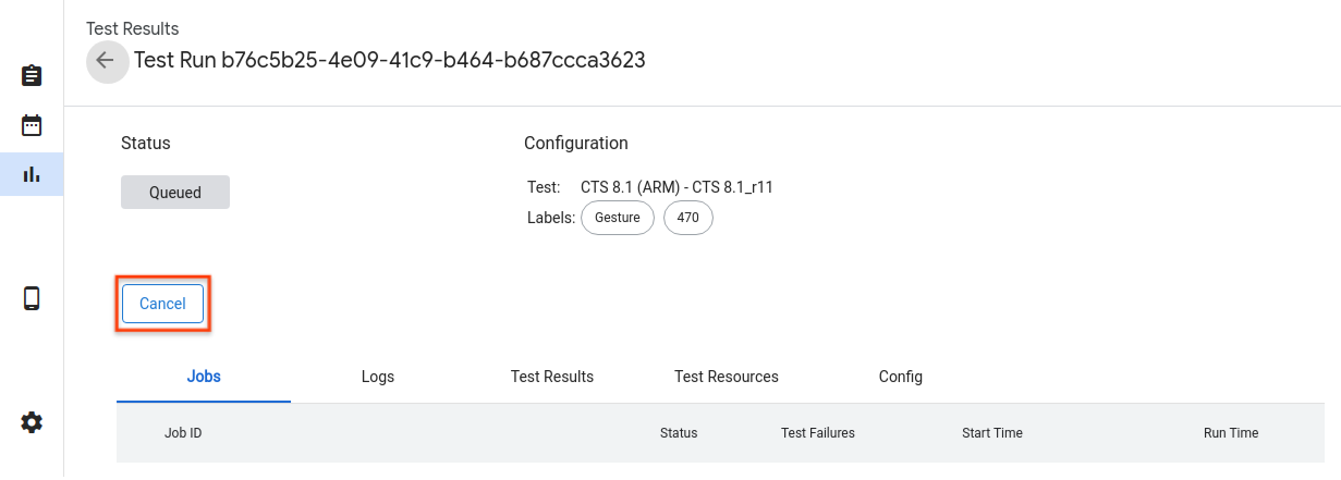 Annulla esecuzione del test