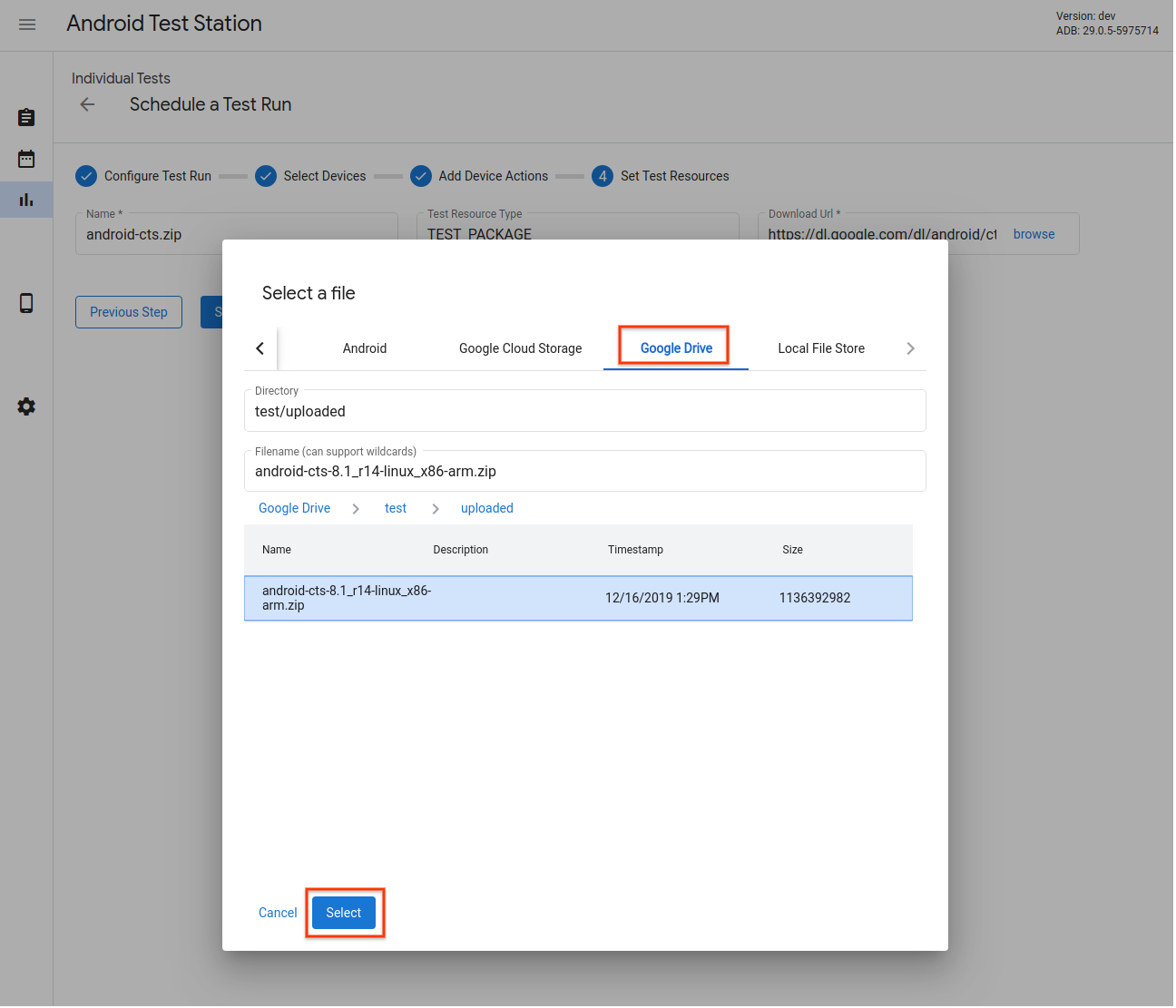 Test Resource Selector – Google Drive