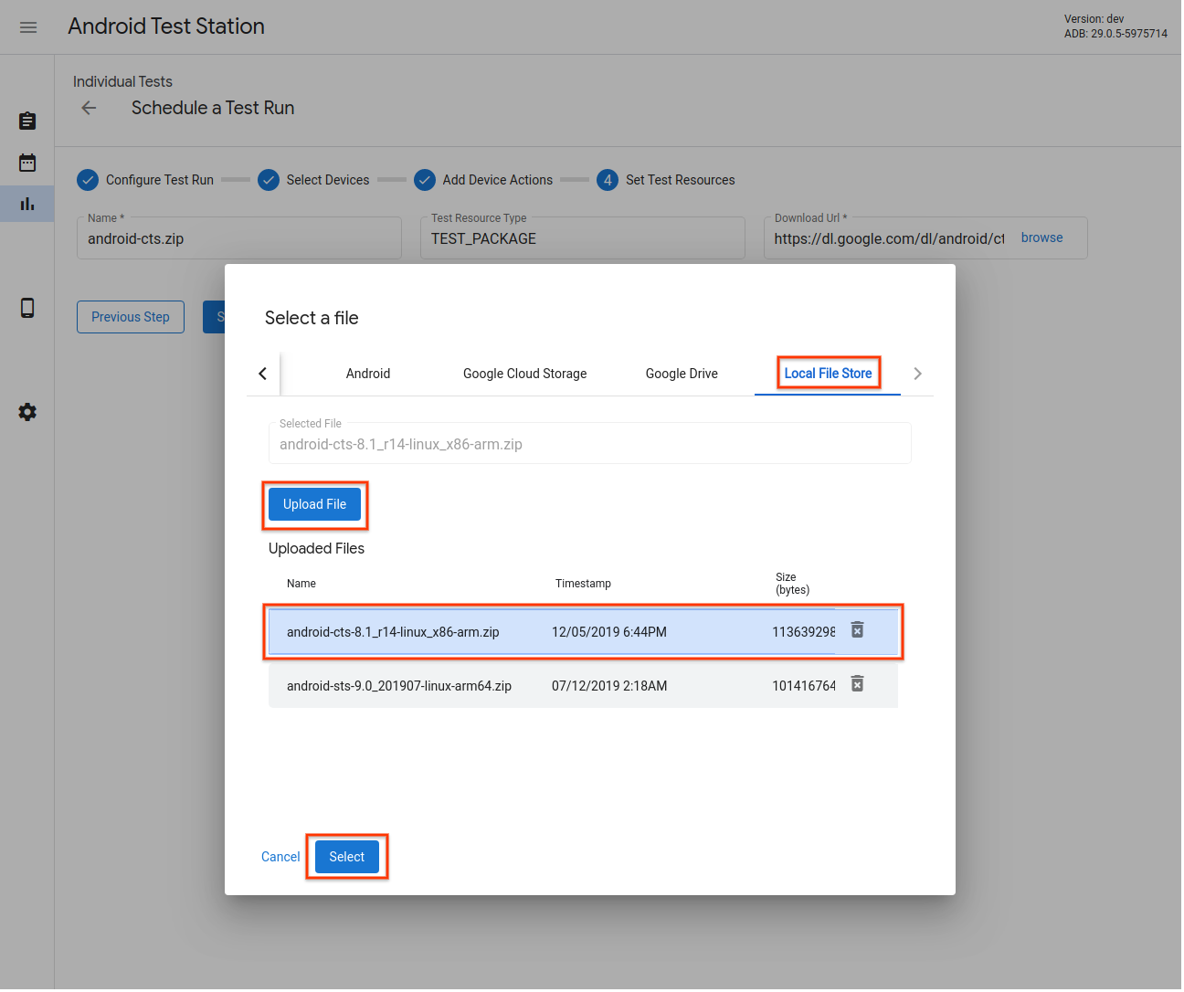 Test Resource Selector – Local File Store