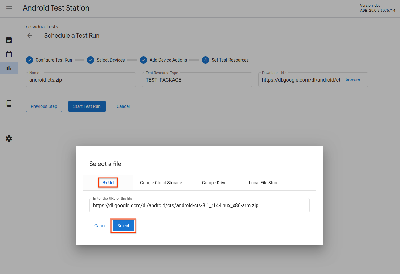 Sélecteur de ressources de test : URL Web