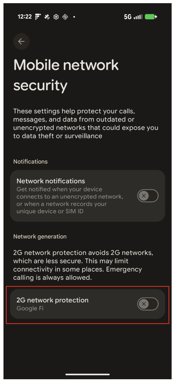 2G Toggle in Mobile network security section